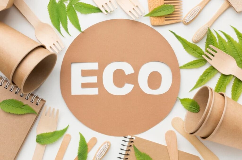 Eco-friendly tableware and 'ECO' sign surrounded by green leaves